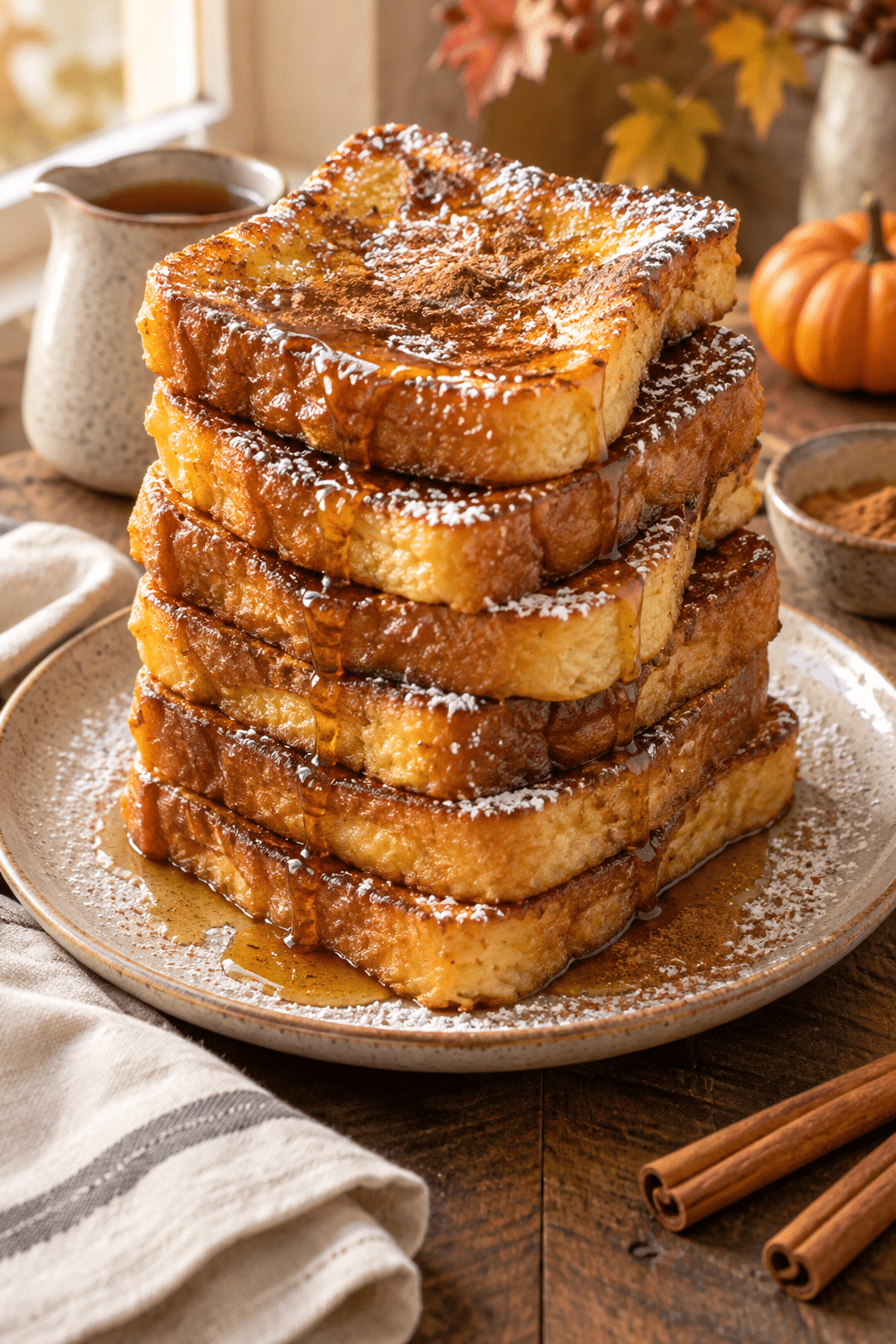 Eggnog French Toast stacked with powdered sugar and maple syrup