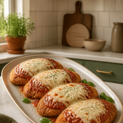 five-ingredient chicken Parmesan finished and ready to serve