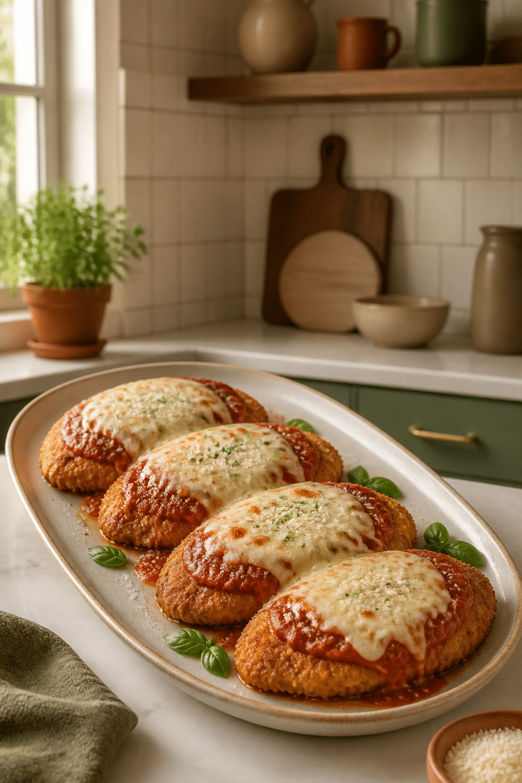 five-ingredient chicken Parmesan finished and ready to serve