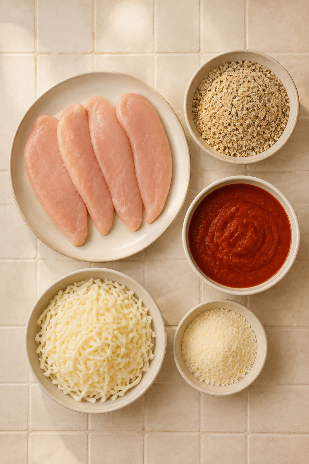 five-ingredient chicken Parmesan ingredients measured and arranged