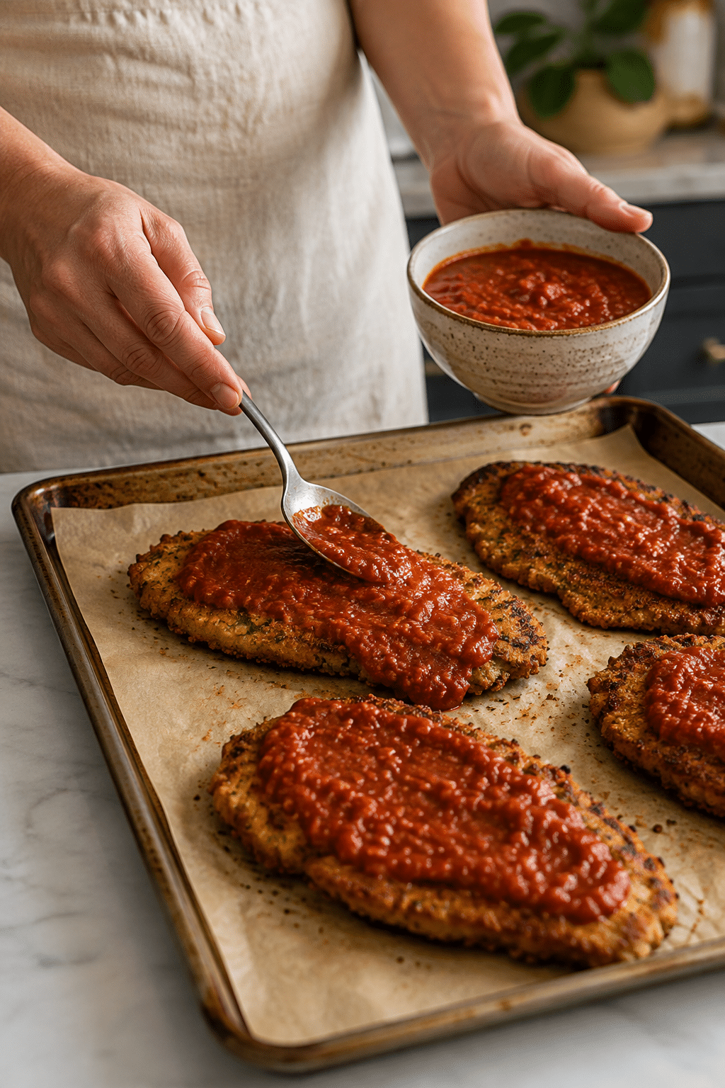 five-ingredient chicken Parmesan preparation in progress