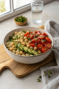 Mediterranean chickpea quinoa bowl finished dish