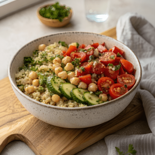 Mediterranean chickpea quinoa bowl finished dish