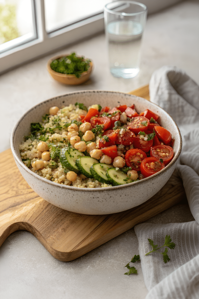 Mediterranean chickpea quinoa bowl finished dish