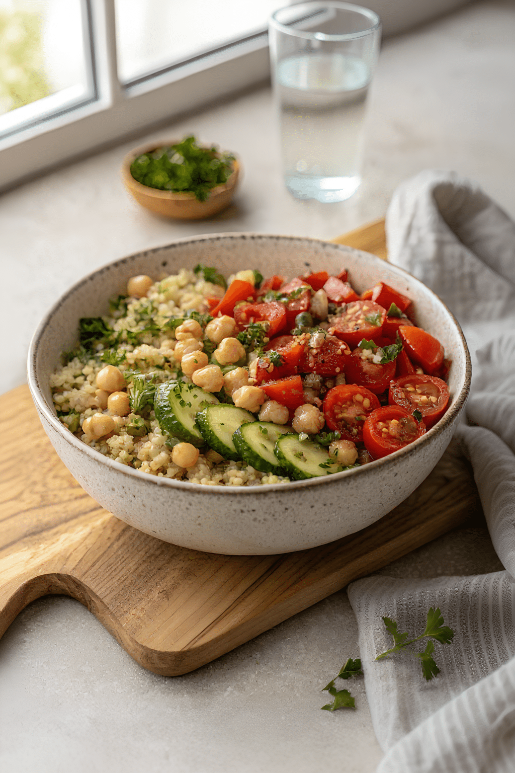 Mediterranean chickpea quinoa bowl finished dish