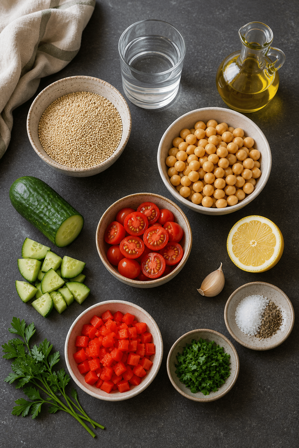 Mediterranean chickpea quinoa bowl ingredients measured and arranged
