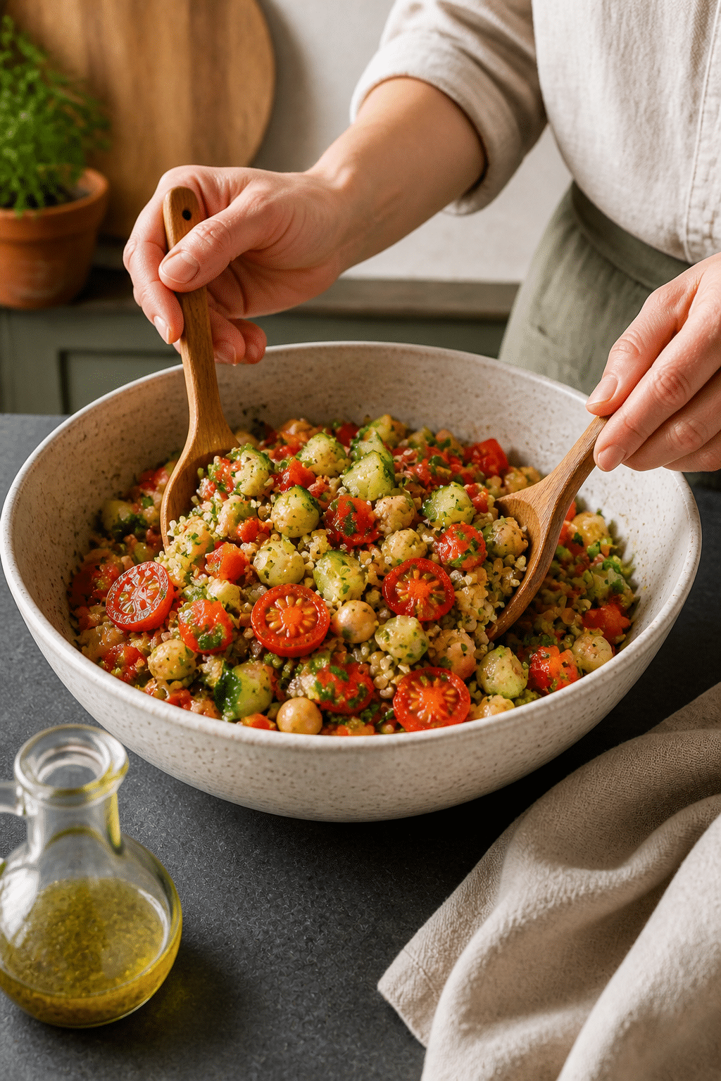 Mediterranean chickpea quinoa bowl preparation in progress