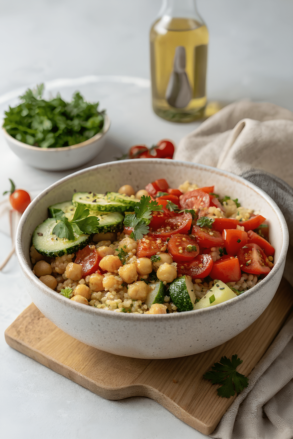 Mediterranean chickpea quinoa bowl finished and ready to serve