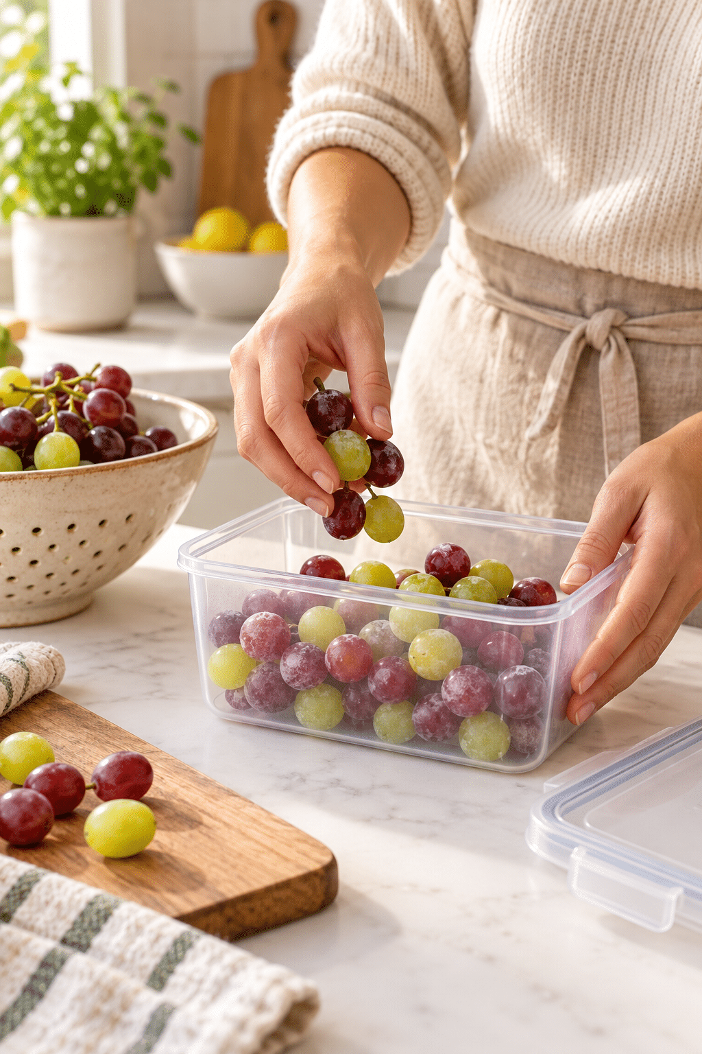 Washing and drying grapes before freezing