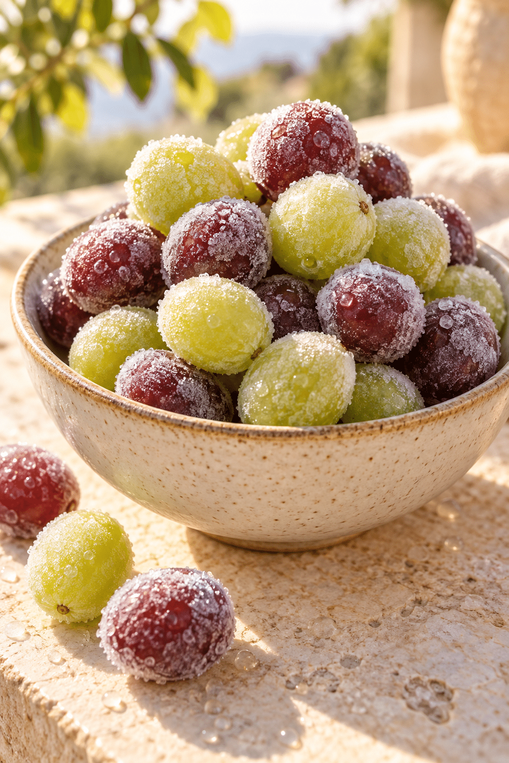 A bowl of frozen grapes ready to serve
