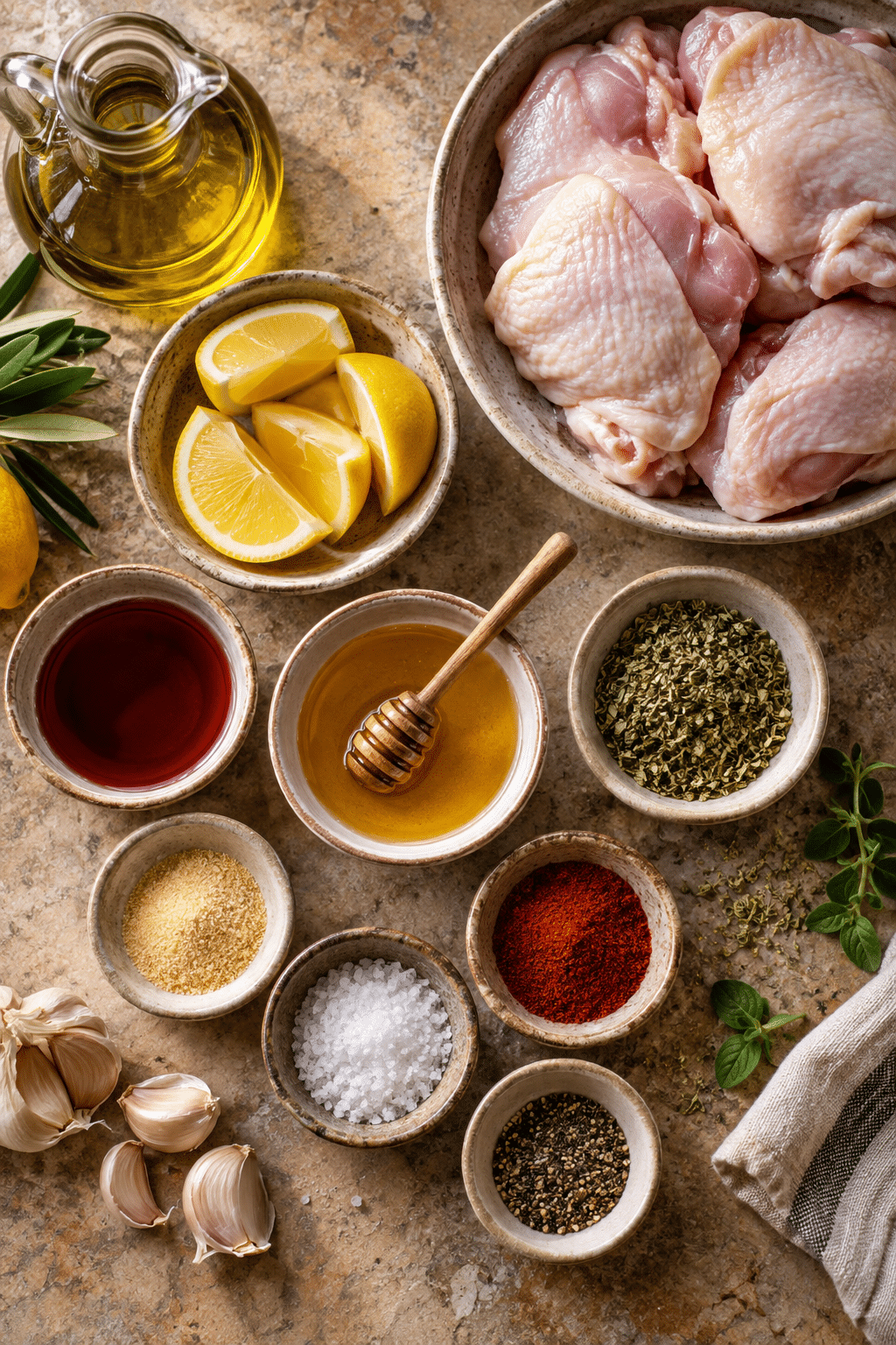 Greek chicken marinade ingredients arranged in bowls