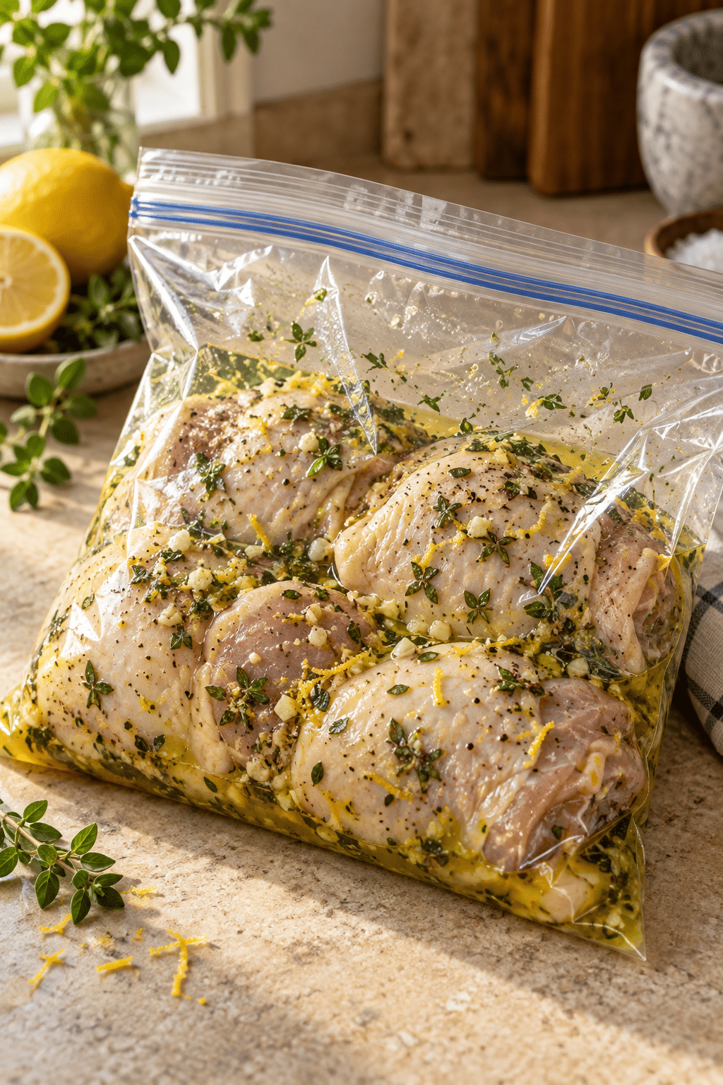 chicken resting in Greek chicken marinade