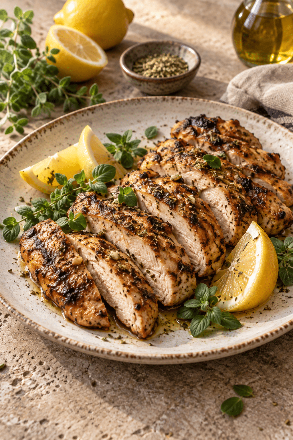cooked Greek marinated chicken sliced for serving