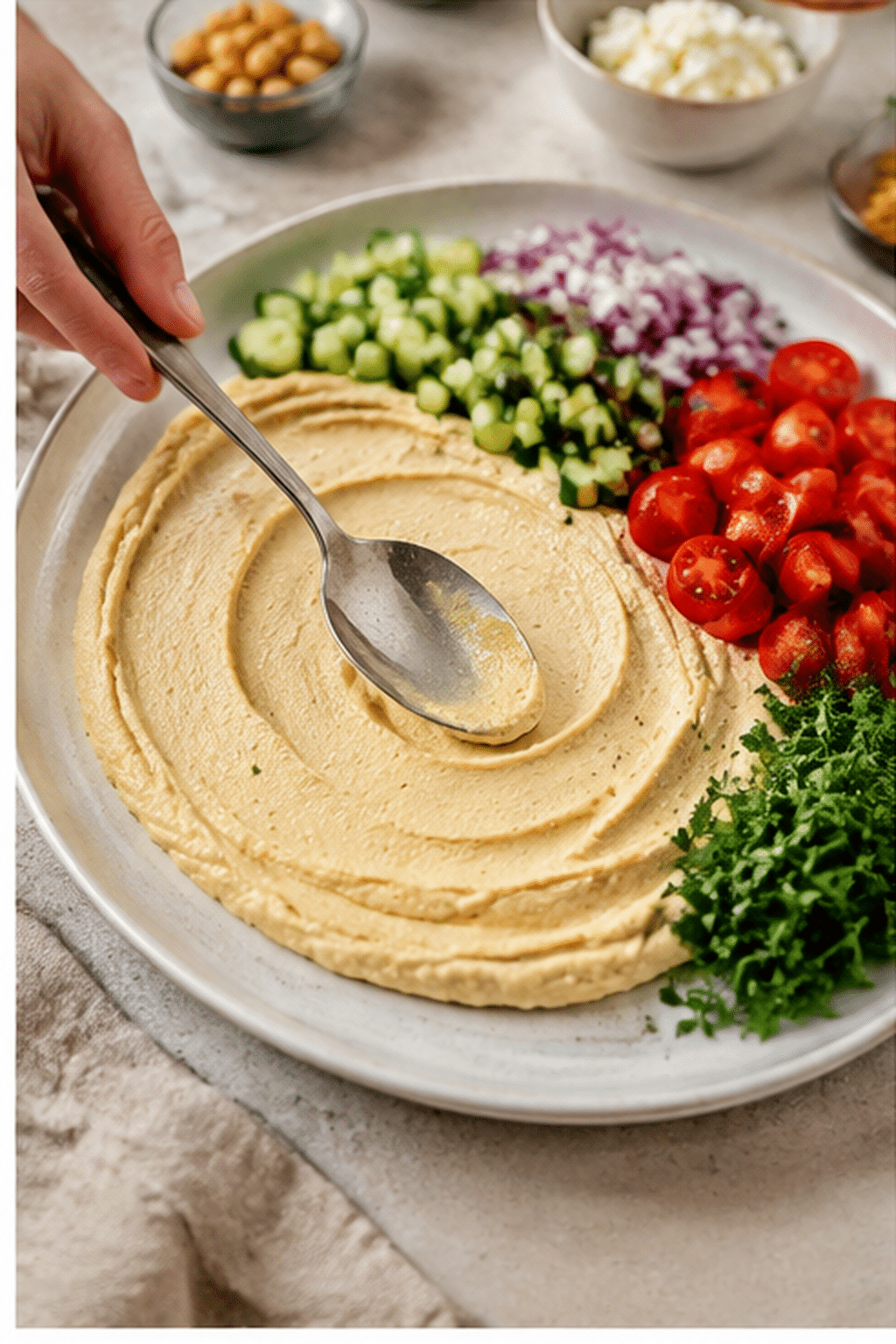 Preparing Greek hummus platter step by step