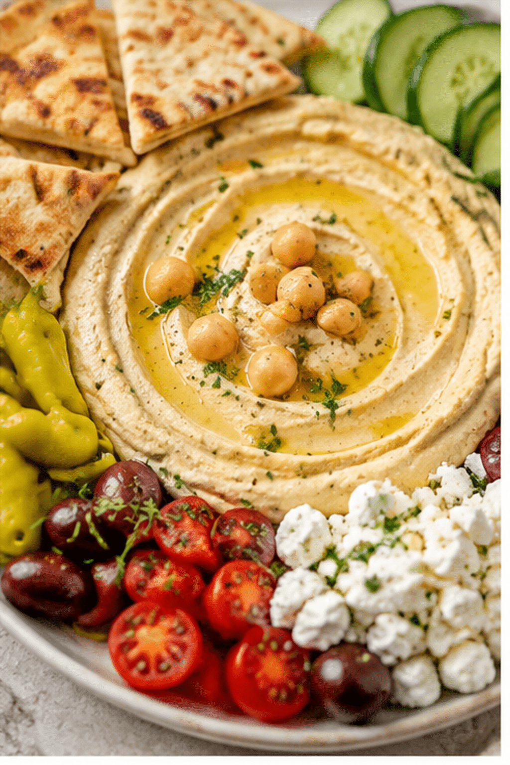 Finished Greek hummus platter shown close up