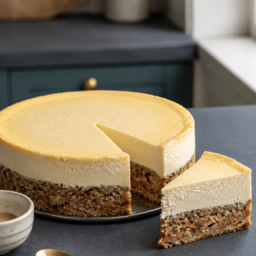 Carrot cake cheesecake with a whole cake and one layered slice