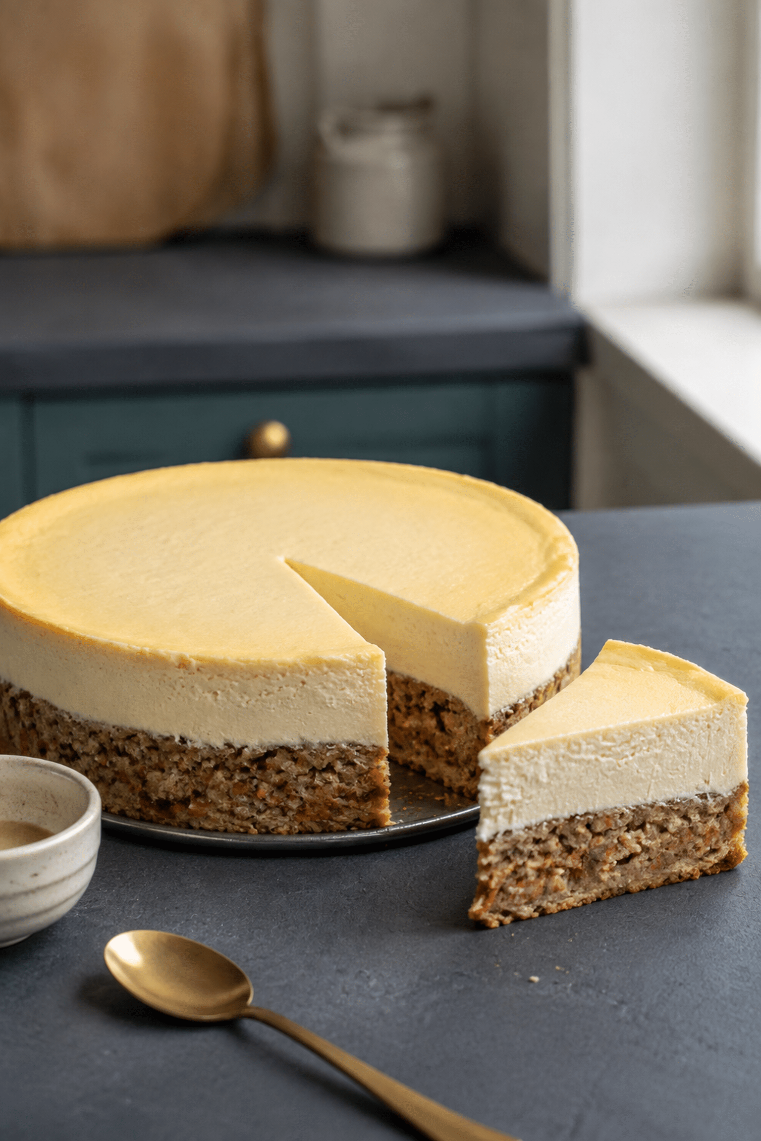 Carrot cake cheesecake with a whole cake and one layered slice