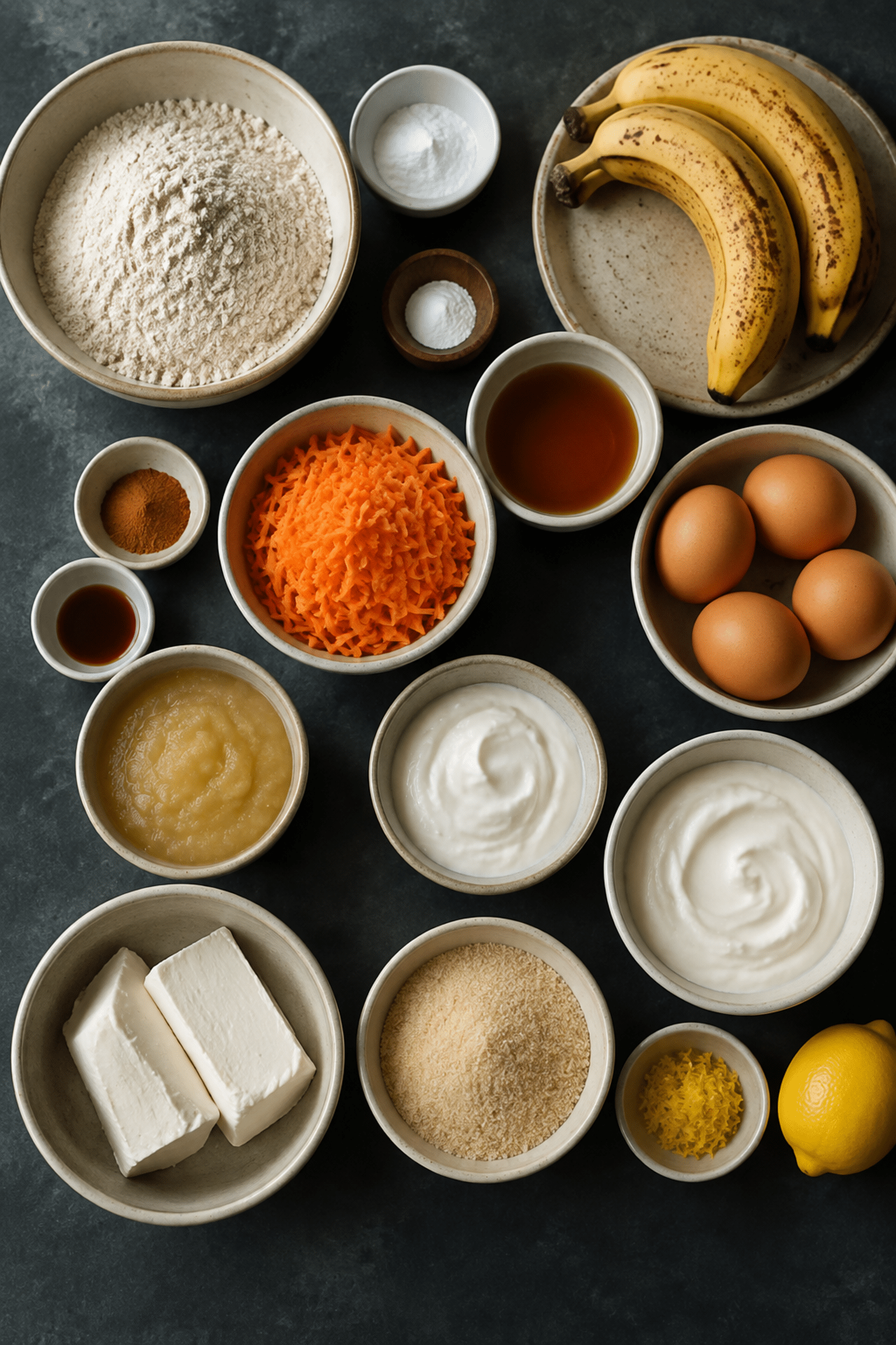 Ingredients for carrot cake cheesecake arranged overhead