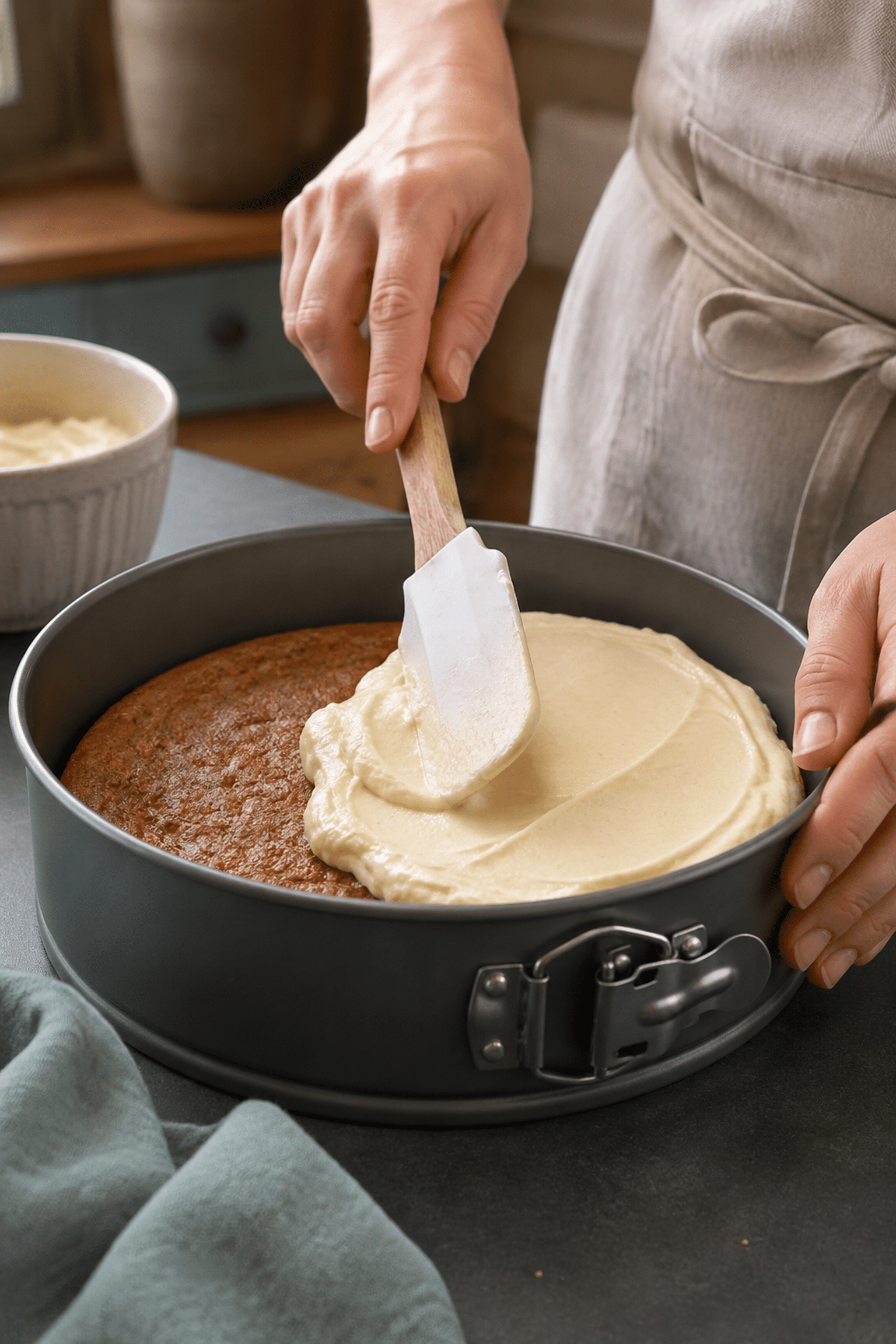 Cheesecake batter spread over the baked carrot cake layer