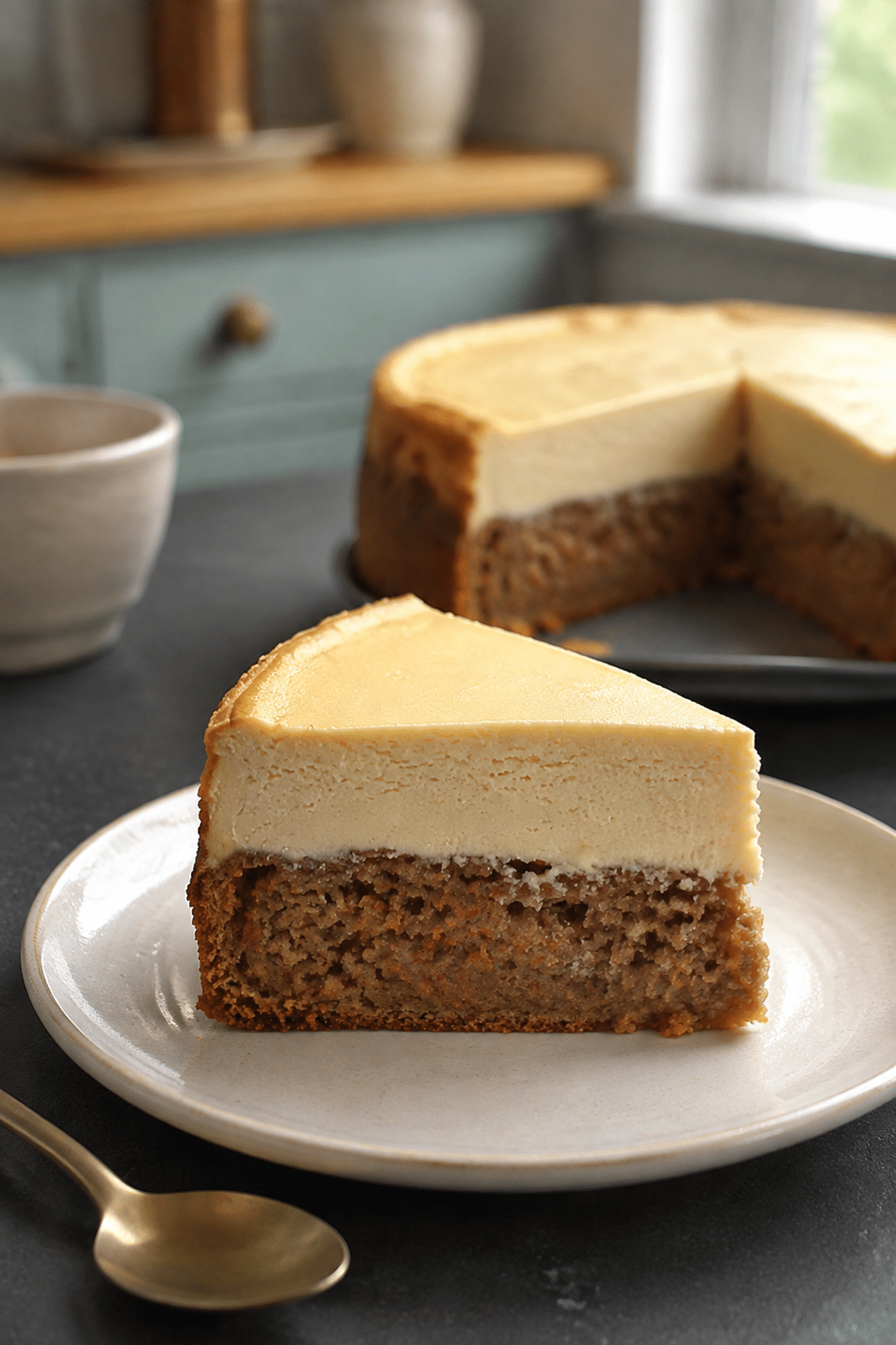 Carrot cake cheesecake slice showing two distinct layers