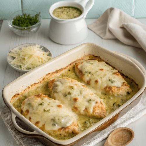 Finished green chili chicken bake in the reserved kitchen scene
