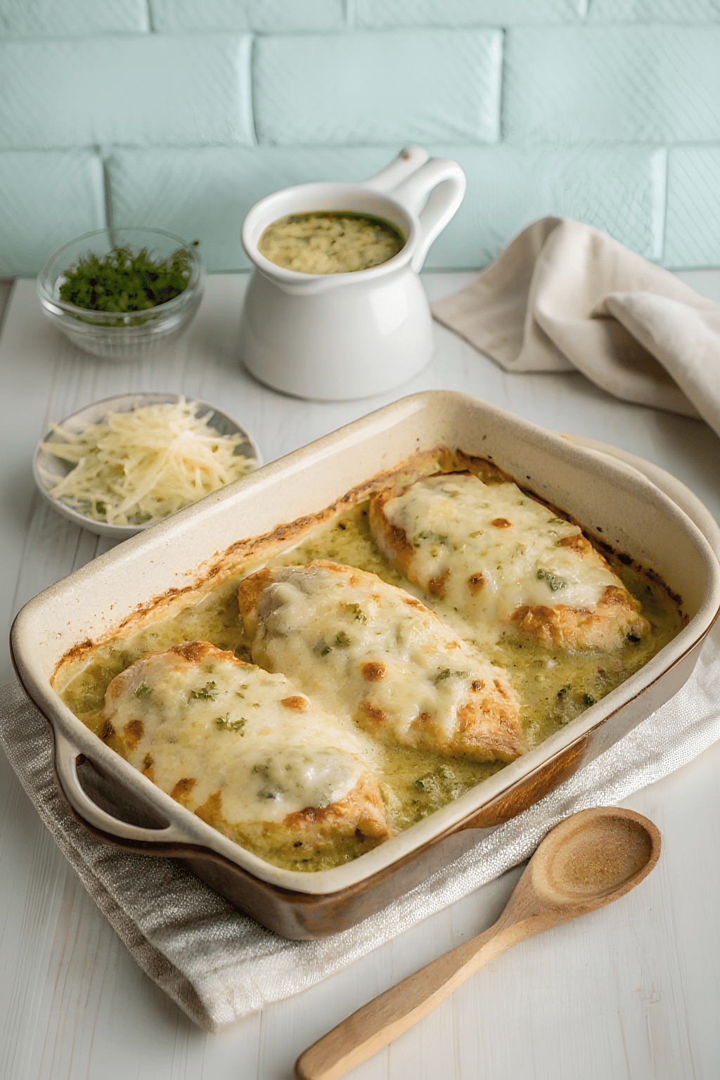 Finished green chili chicken bake in the reserved kitchen scene