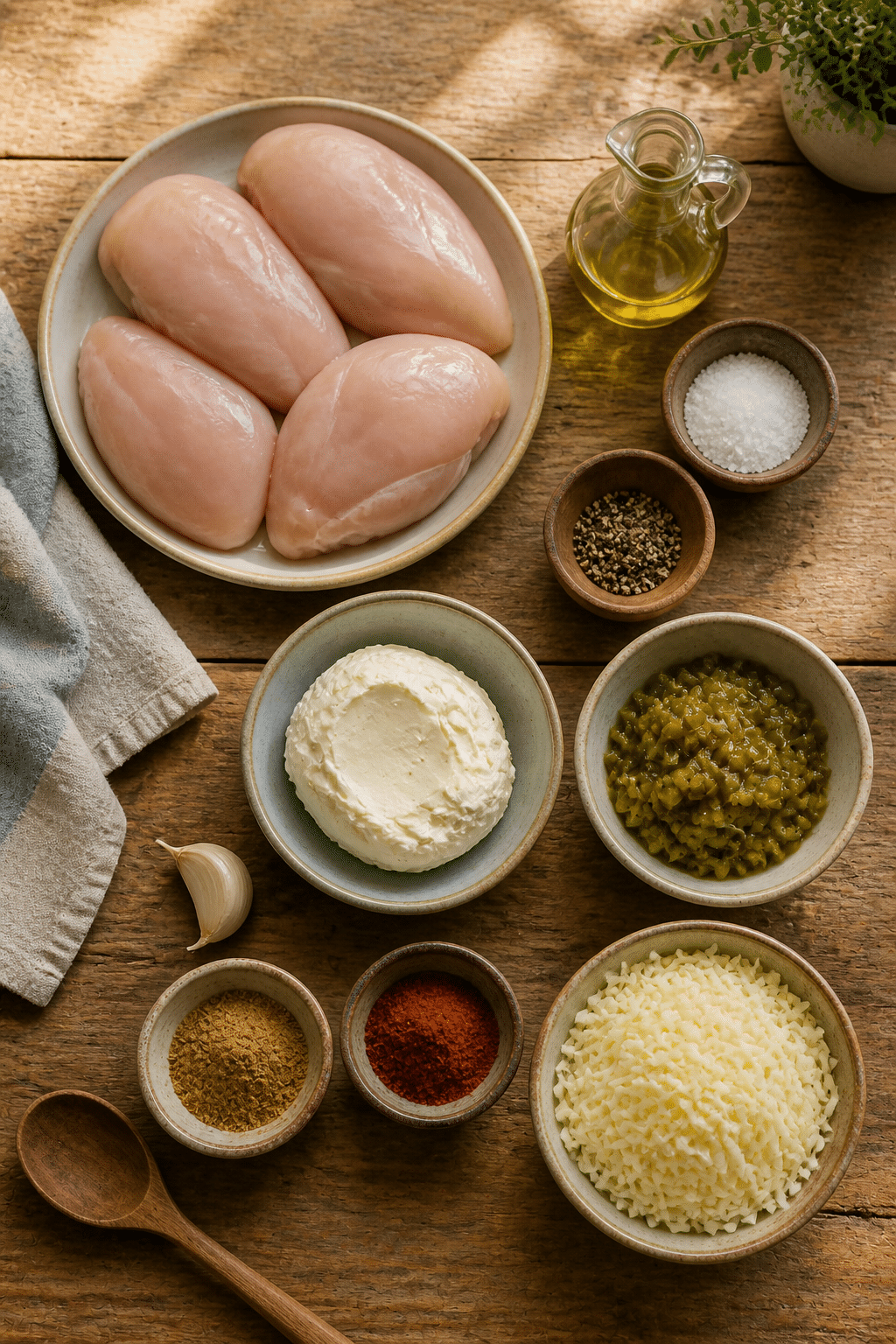 Ingredients measured for green chili chicken bake