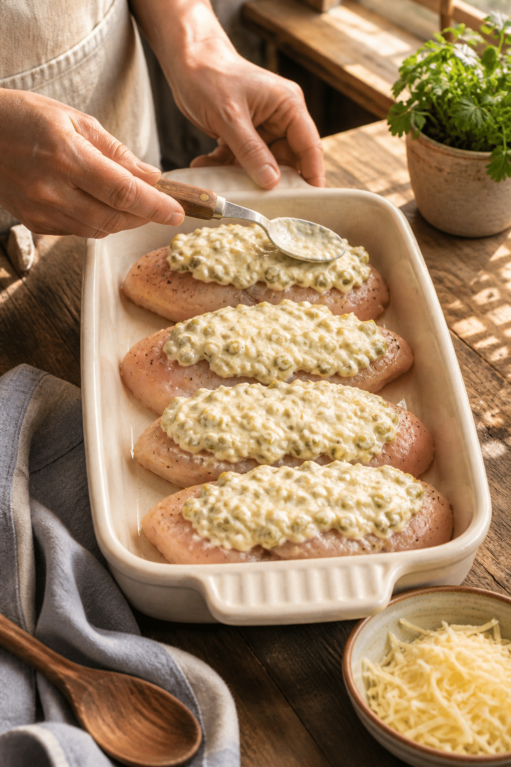 Preparing green chili chicken bake in the reserved kitchen scene