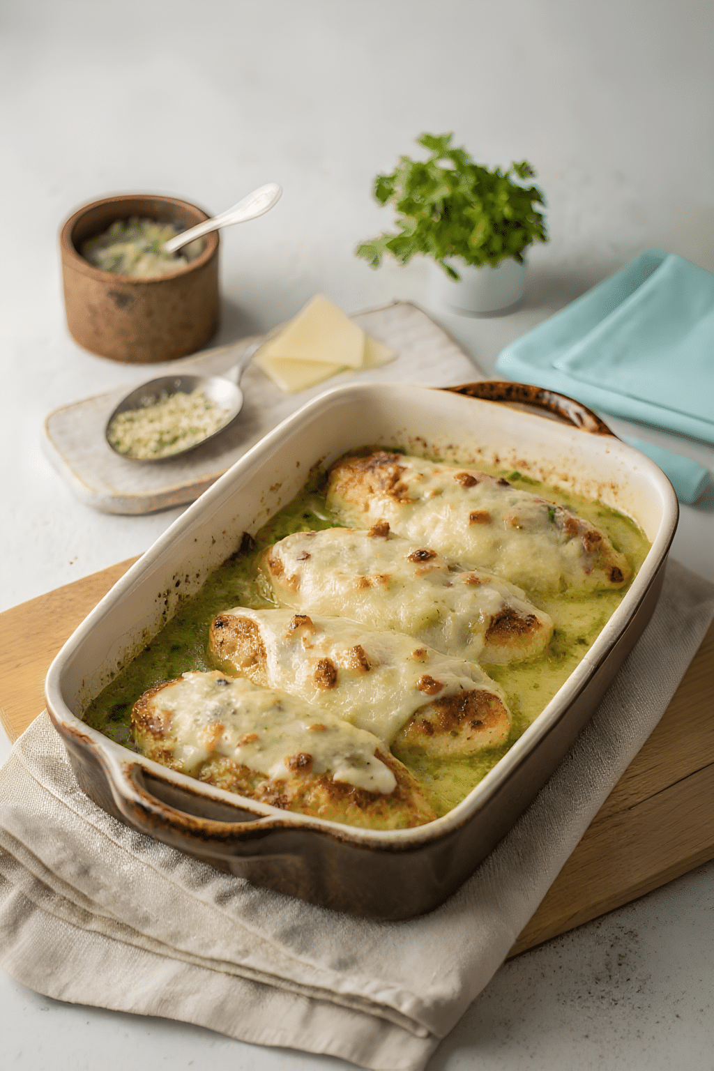 Close view of the finished green chili chicken bake