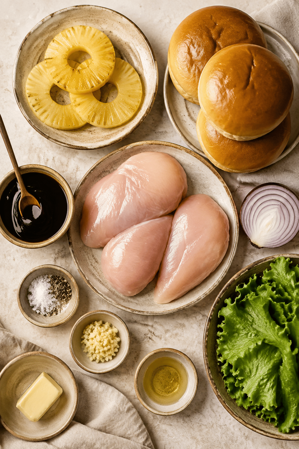 Ingredients measured for grilled hawaiian chicken sandwiches