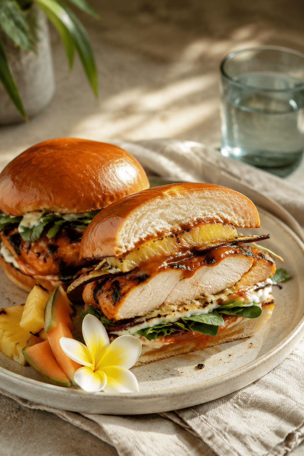 Finished grilled hawaiian chicken sandwiches shown close up