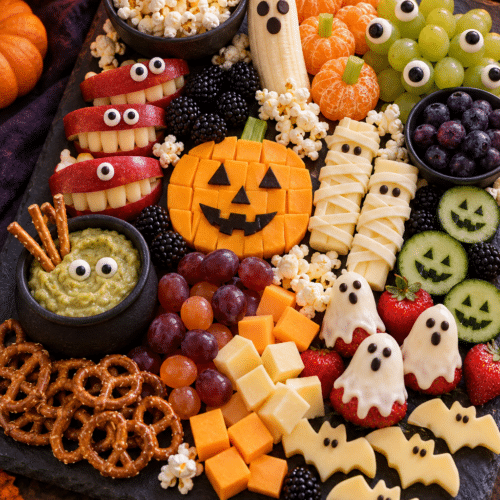 Halloween party snack board for kids with fruit popcorn and pretzels