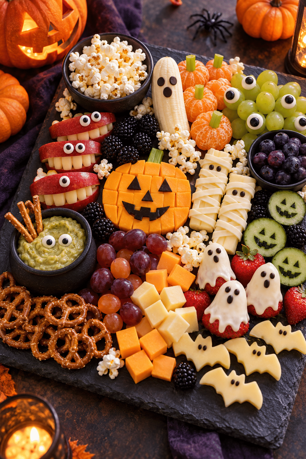 Halloween party snack board for kids with fruit popcorn and pretzels