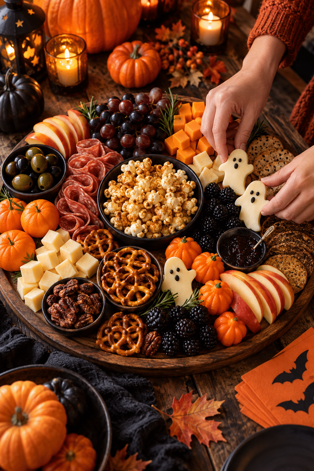 Arranging colorful Halloween snacks on a party board