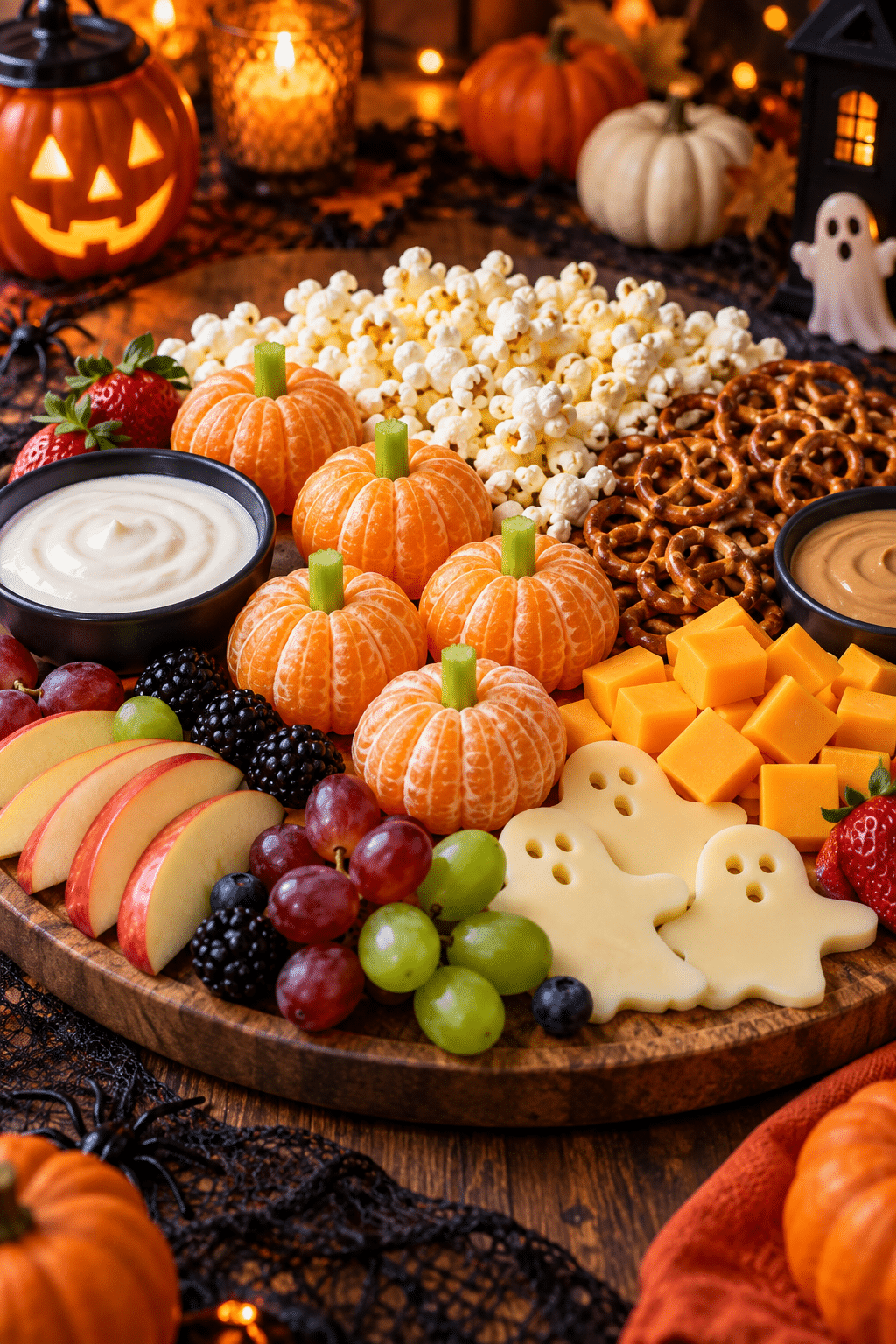 Finished Halloween snack board with fruit popcorn cheese and pretzels