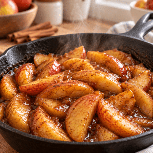 Healthy cinnamon apples in a warm skillet