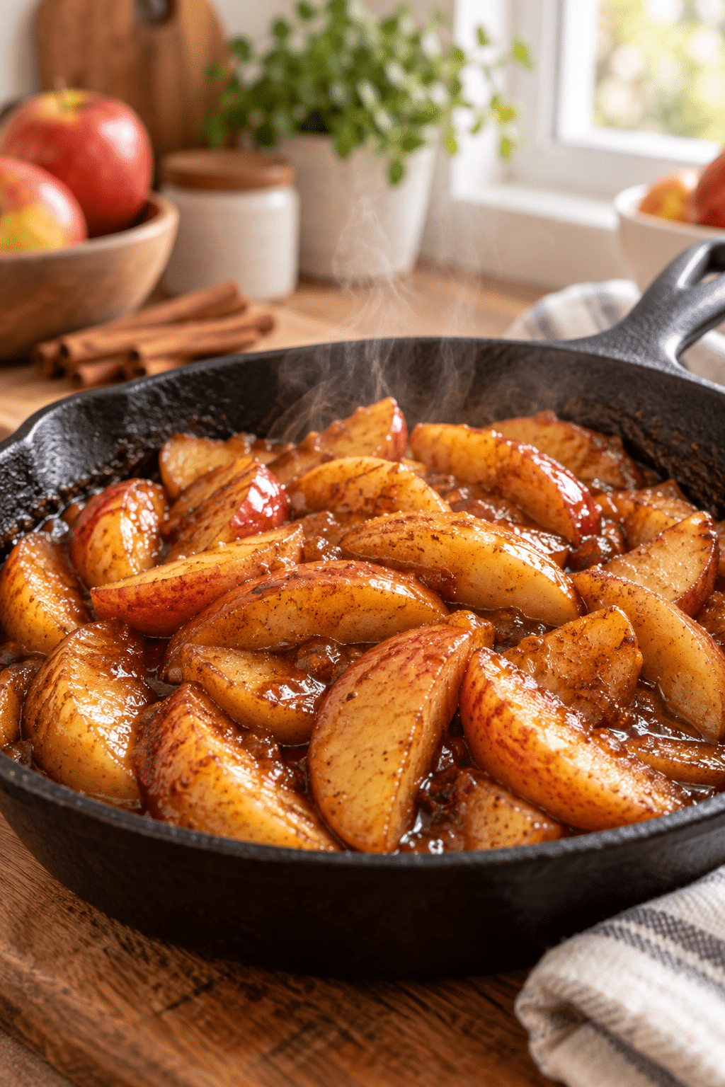 Healthy cinnamon apples in a warm skillet