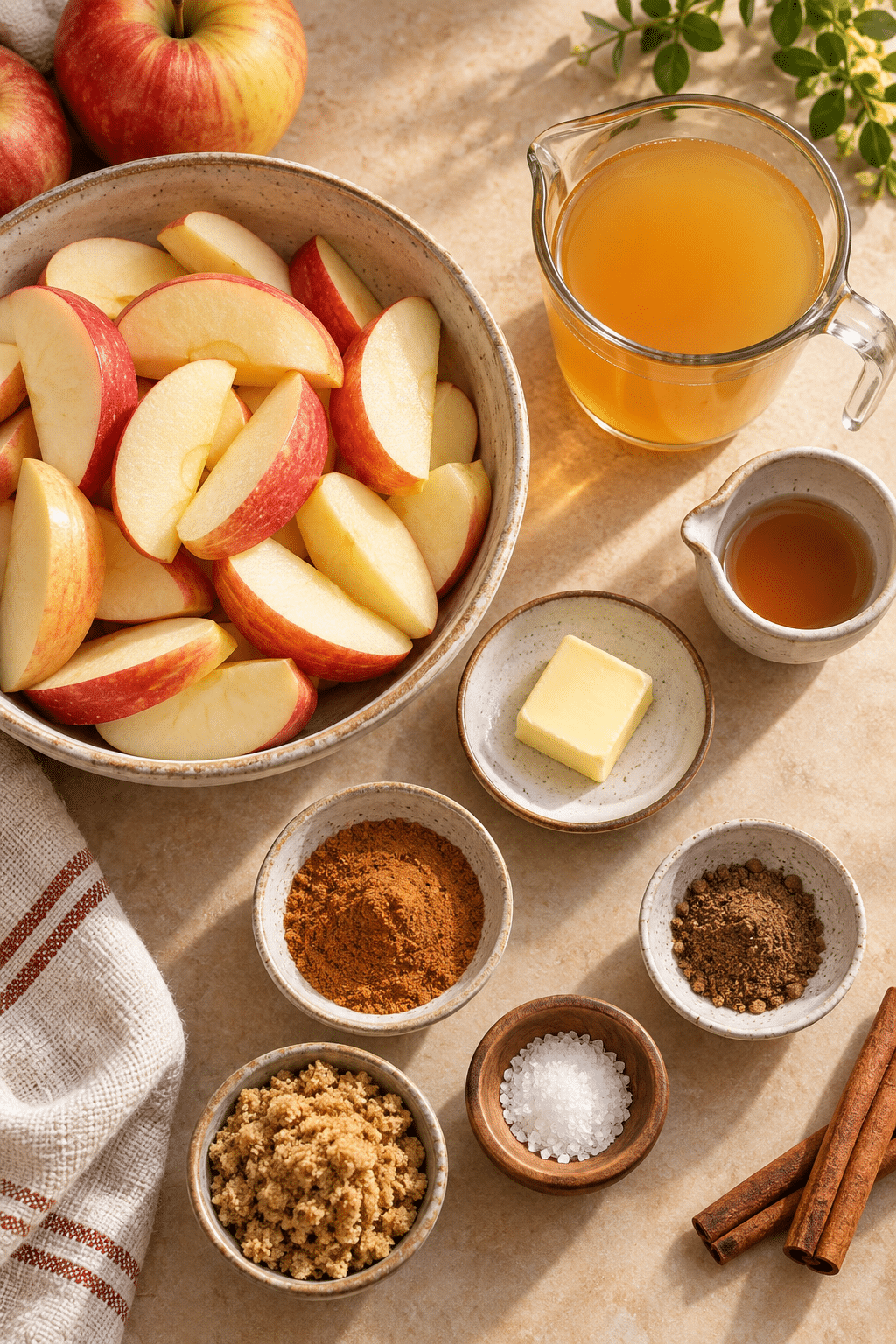 Ingredients for healthy cinnamon apples arranged on a counter