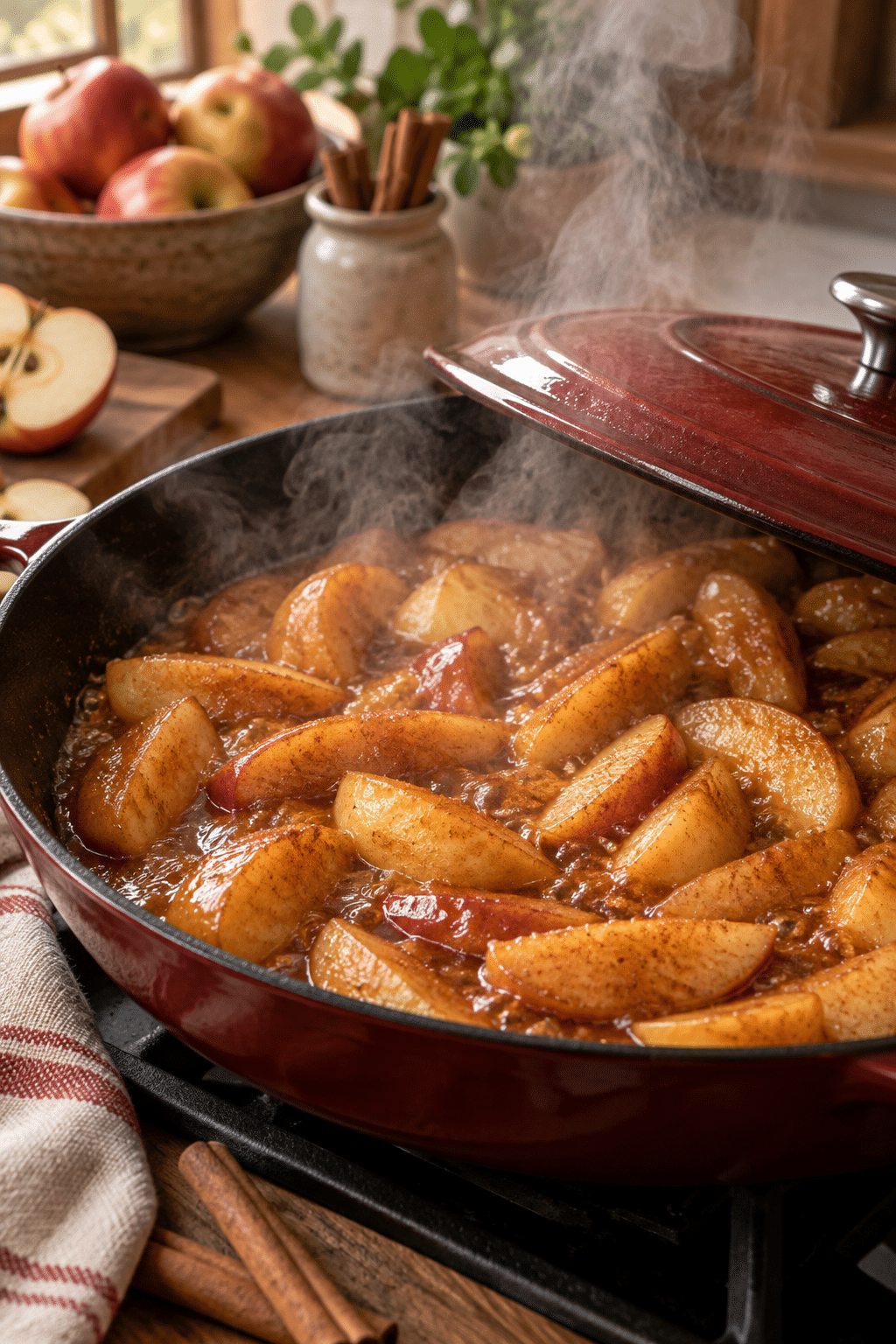 Healthy cinnamon apples simmering in a skillet