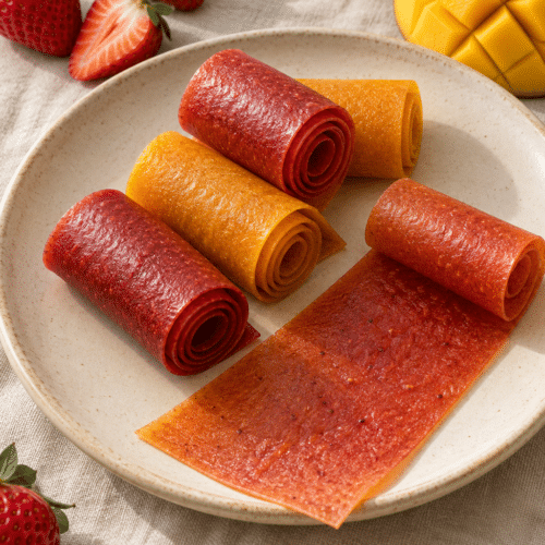 homemade fruit roll ups rolled and ready to serve