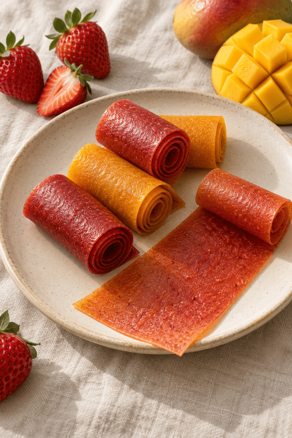 homemade fruit roll ups rolled and ready to serve