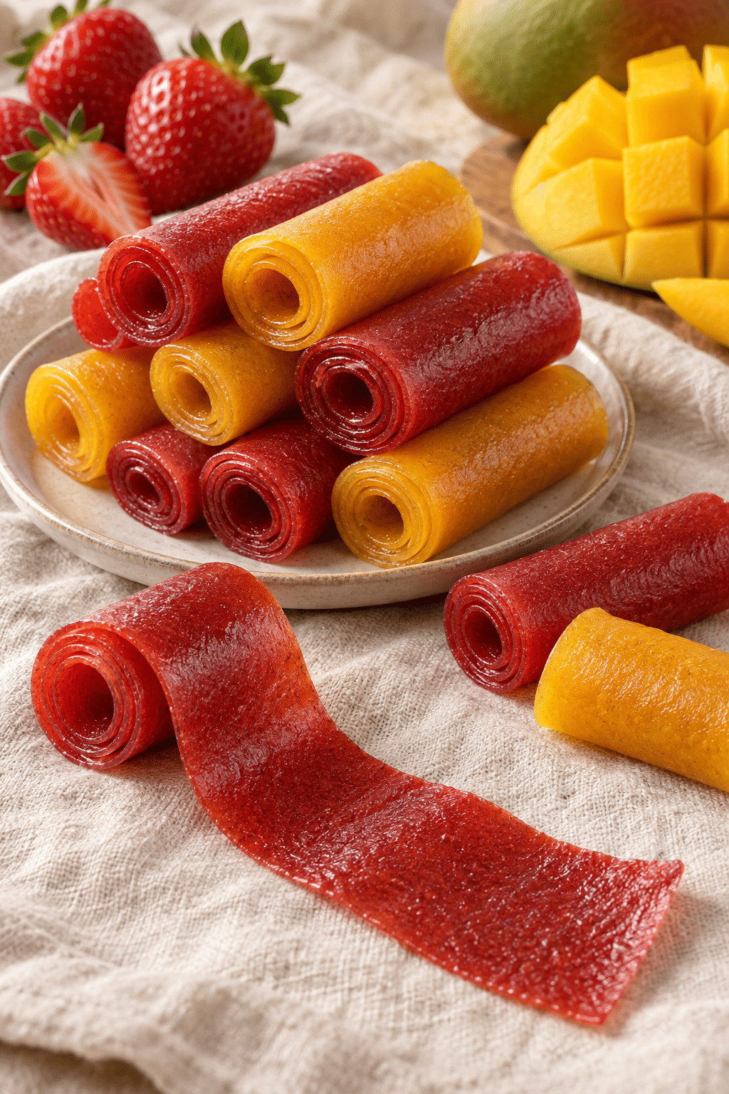 finished homemade fruit roll ups with smooth fruit leather