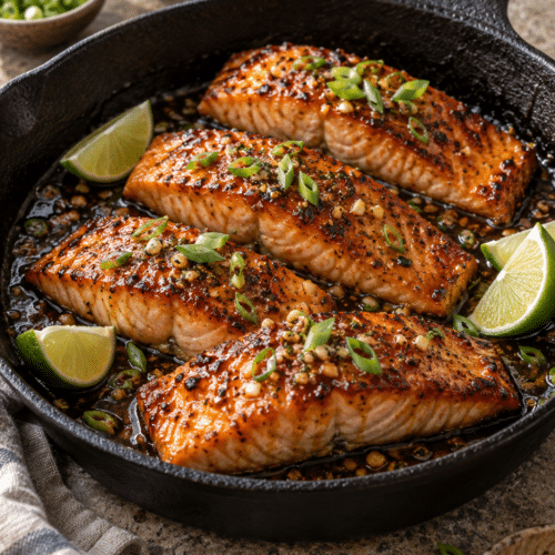 honey garlic sauce salmon in skillet