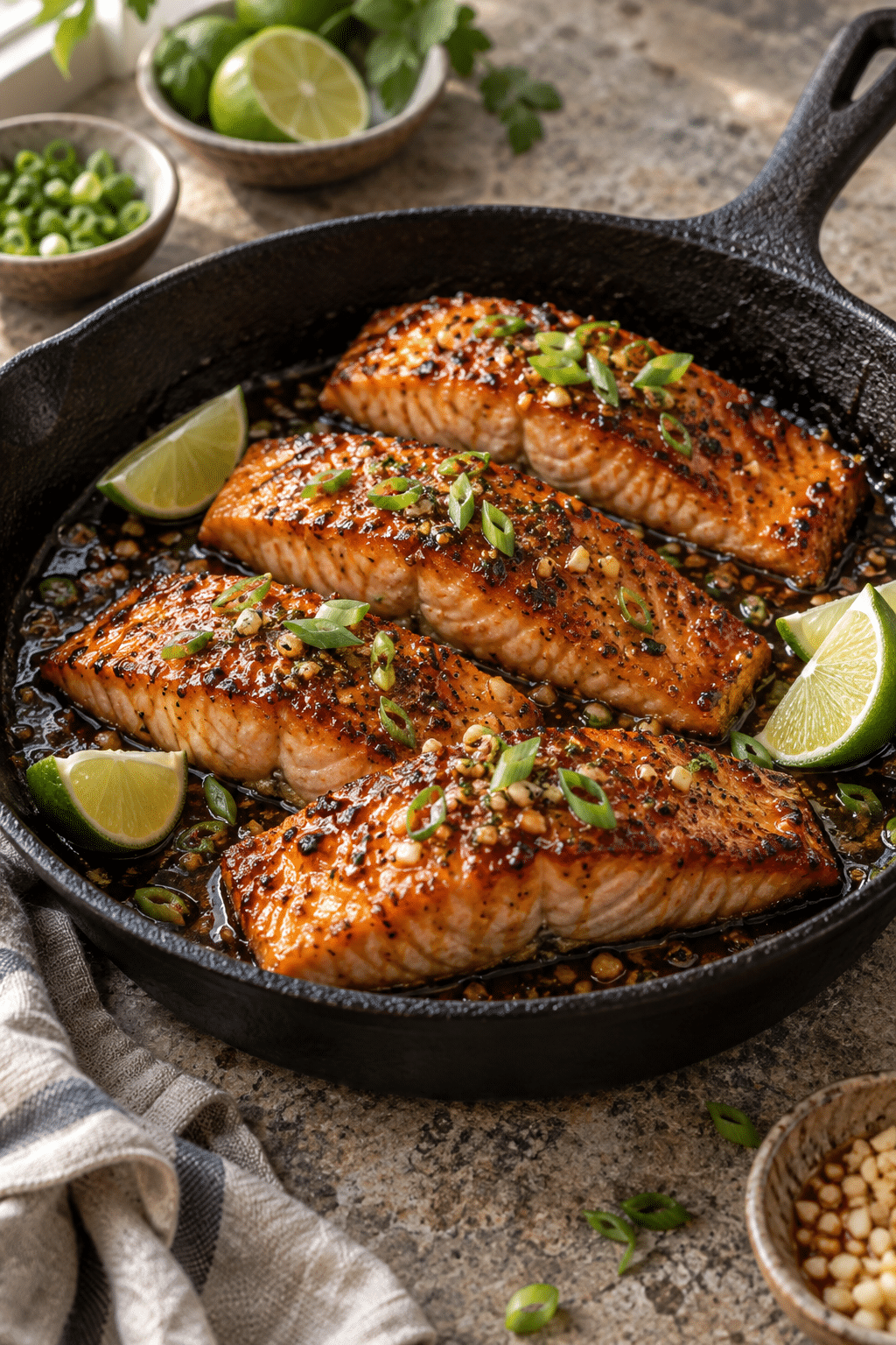 honey garlic sauce salmon in skillet