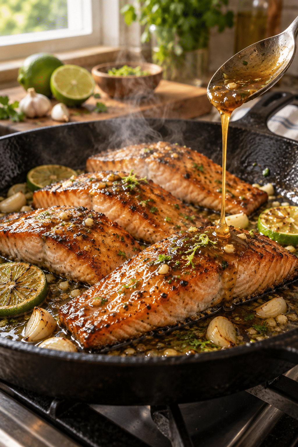 honey garlic sauce salmon cooking in skillet