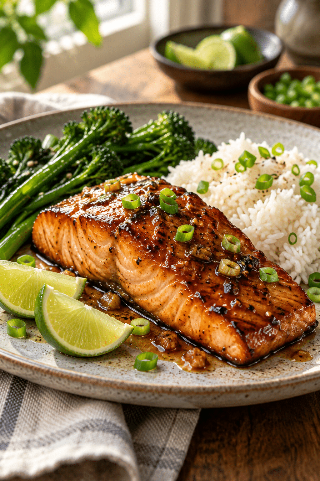 finished honey garlic sauce salmon with lime