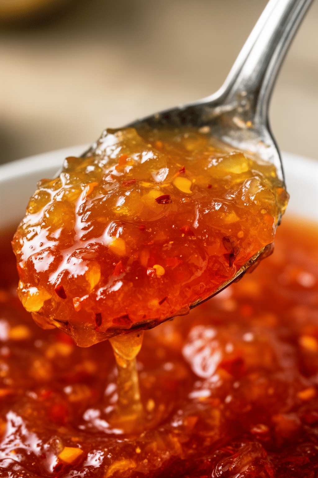 Finished hot pepper jelly shown close up