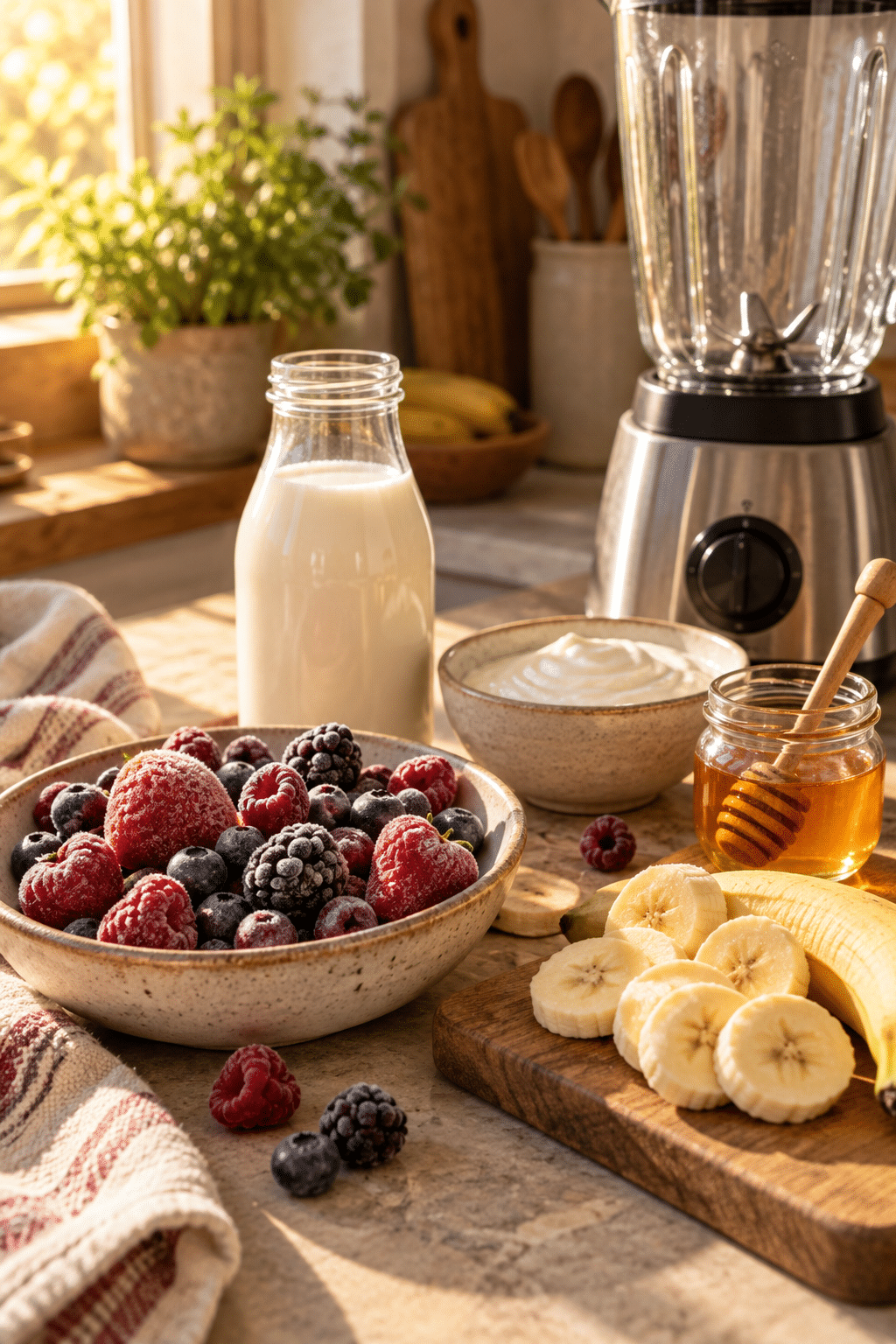 smoothie ingredients measured beside a blender