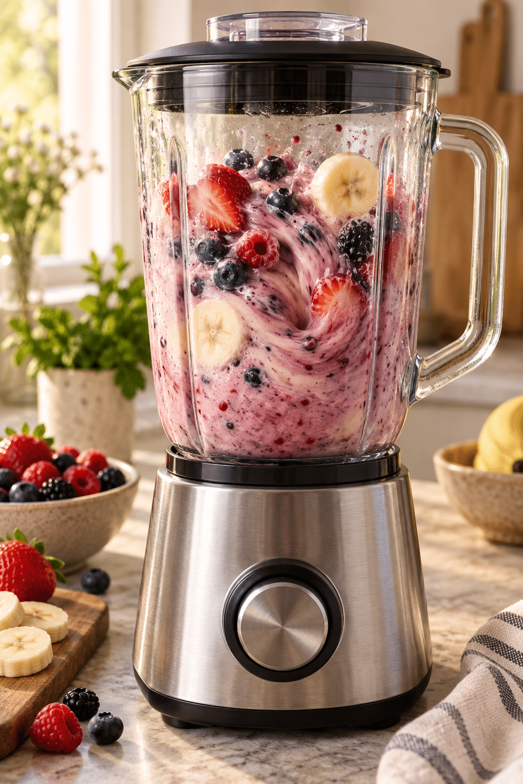 berries and banana blending into a smoothie