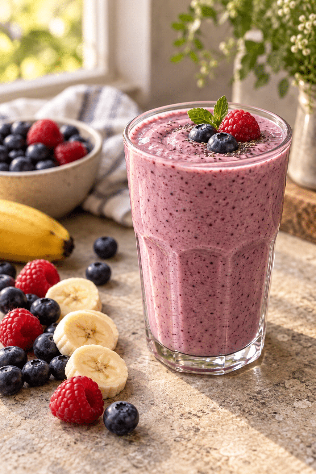 creamy berry banana smoothie ready to serve